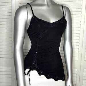 Vintage 2000sYoung Woman by Pimkie Black Lace Ruched Cami Sequin Top T1 XS Y2K